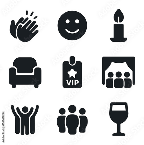 Atmosphere Icon Set. Solid, filled icons set of audience and atmosphere: clapping hands, smiling face, candle