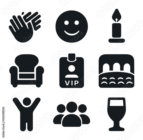Atmosphere Icon Set. Solid, filled icons set of audience and atmosphere: clapping hands, smiling face, candle
