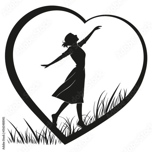 Woman Silhouette in Heart Shape: Joyful, Free Spirit