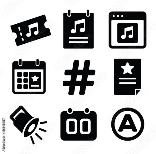 Concert Marketing Icons. Solid, filled icons set of concert promotion and marketing: ticket stub, poster,