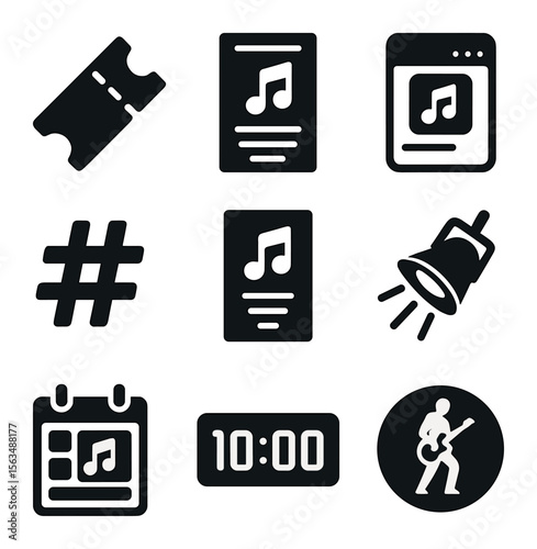 Concert Marketing Icons. Solid, filled icons set of concert promotion and marketing: ticket stub, poster,