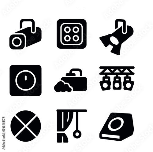 Stage Lighting Icons. Solid, filled icons set of stage production and lighting: gobo projector, floodlight,