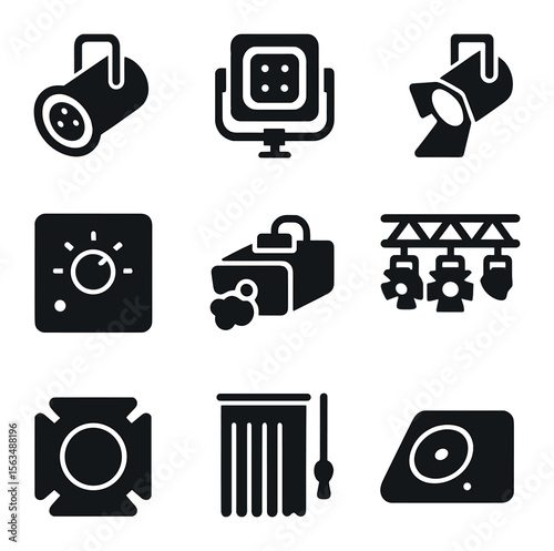 Stage Lighting Icons. Solid, filled icons set of stage production and lighting: gobo projector, floodlight,