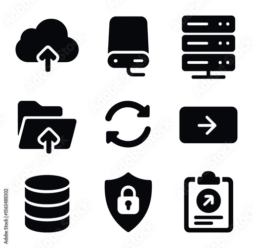 Data Backup Icons. Solid, filled icons set of data backup and recovery diagram: cloud storage, external hard