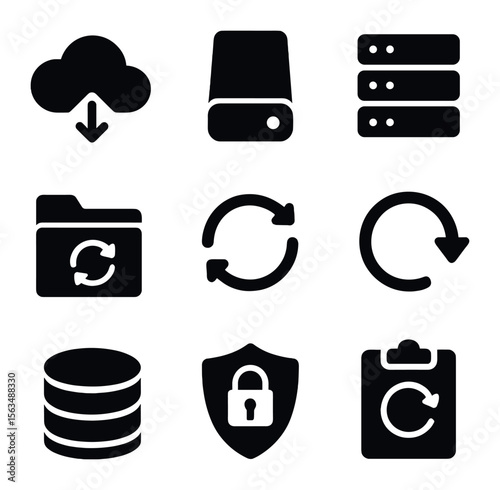 Data Backup Icons. Solid, filled icons set of data backup and recovery diagram: cloud storage, external hard