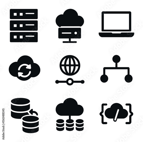 Cloud Architecture Icons. Solid, filled icons set of cloud backup architecture: data center, cloud server,