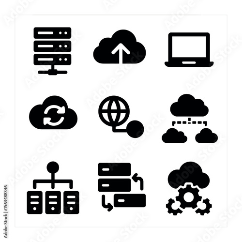 Cloud Architecture Icons. Solid, filled icons set of cloud backup architecture: data center, cloud server,