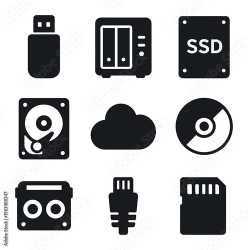 Storage Media Icons. Solid, filled icons set of storage media for backup: USB drive, NAS device, SSD, HDD,