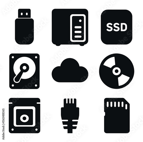 Storage Media Icons. Solid, filled icons set of storage media for backup: USB drive, NAS device, SSD, HDD,