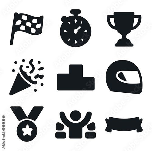 Victory Icons Set. Solid, filled icons set of victory lap: racing flag, stopwatch, winner’s trophy, confetti,
