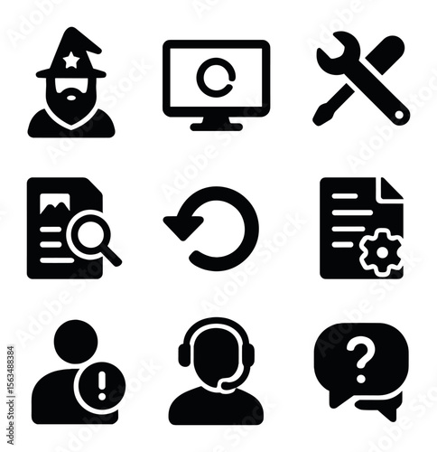 Recovery Tools Icons. Solid, filled icons set of recovery tools and software: recovery wizard, scan progress,