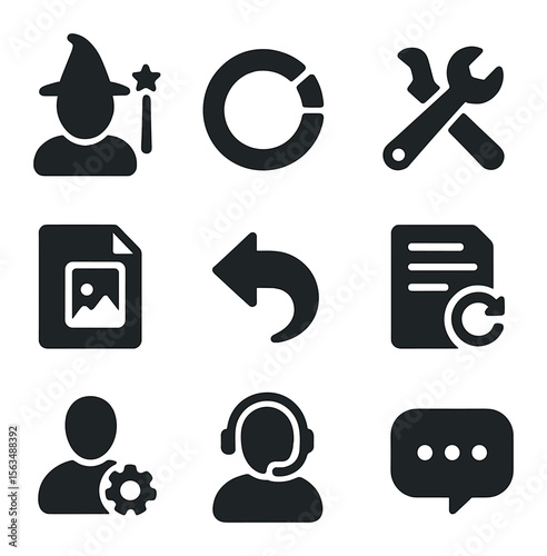 Recovery Tools Icons. Solid, filled icons set of recovery tools and software: recovery wizard, scan progress,