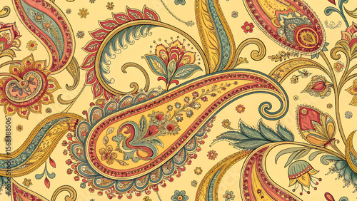 Paisley seamless pattern fabric design, yellow background for textile, clothing, tablecloth and fashion.