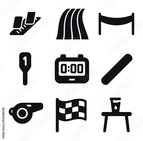 Race Track Icon Set. Solid, filled icons set of race track elements: starting blocks, track lanes, finish tape