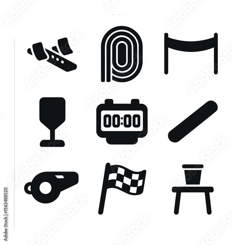 Race Track Icon Set. Solid, filled icons set of race track elements: starting blocks, track lanes, finish tape