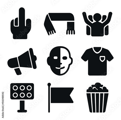 Sports Fan Icons. Solid, filled icons set of sports fan celebration: foam finger, team scarf, cheering crowd,