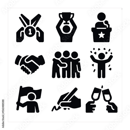 Post-Victory Ritual Icons. Solid, filled icons set of post-victory rituals: medal hanging, trophy raising,
