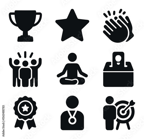Employee Motivation Icons. Solid, filled icons set of employee engagement and motivation: trophy, star,