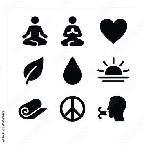 Wellness Icon Set. Solid, filled icons set of wellness and mindfulness: lotus pose, meditation, heart icon,