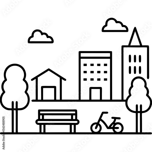Simple city block with buildings, benches, bicycles, streetlights, trees, and parked cars. Daytime, friendly atmosphere.