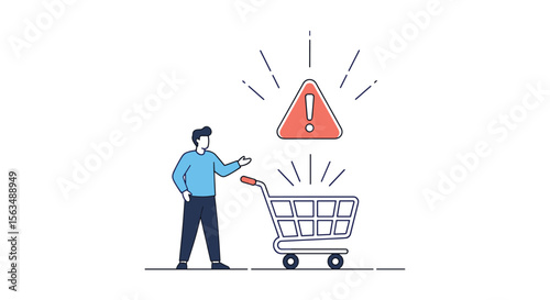 Man Experiencing Shopping Cart Issues and Receiving a Warning Notification Alert During Online Purchase Process