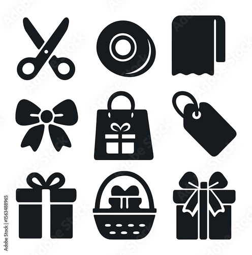 Gift Wrapping Icons. Solid, filled icons set of gift wrapping and presentation: scissors, tape, wrapping paper