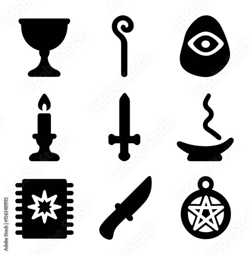 Ritual Tools Icons. Solid, filled icons set of ritual tools and symbols: chalice, staff, sacred stone, amulet,