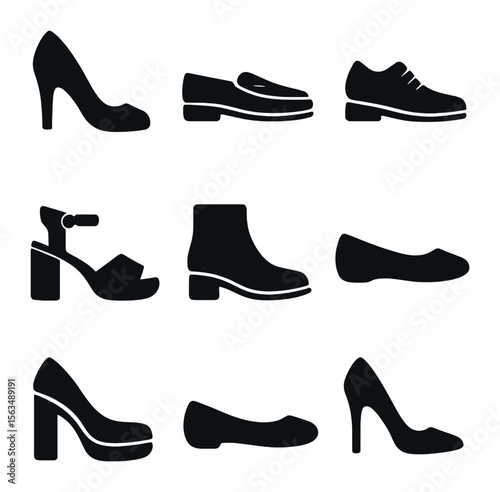 Formal Footwear Icons. Solid, filled icons set of footwear for formal occasions: pumps, loafers, patent
