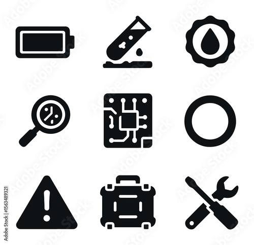 Electronics Leak Prevention Icons. Solid, filled icons set of electronic device leak prevention: battery icon,