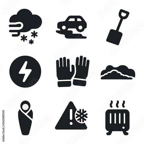Blizzard Emergency Icons. Solid, filled icons set of blizzard emergencies: snowstorm cloud, icy road, snow