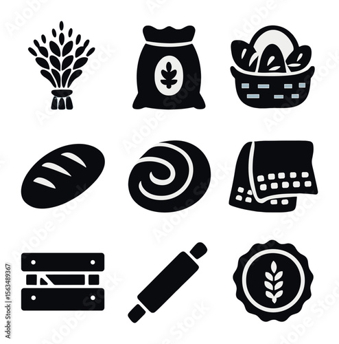 Harvest Bread Icons. Solid, filled icons set of harvest bread themes: wheat sheaf, grain sack, rustic basket,
