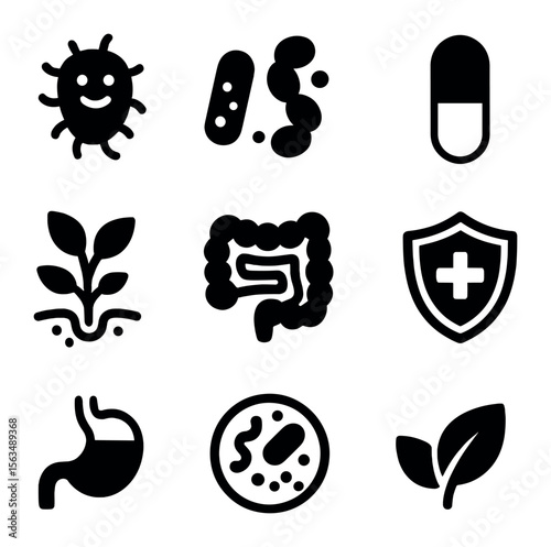 Gut Health Icon Set. Solid, filled icons set of gut microbiome role: friendly bacteria, microbiome balance,