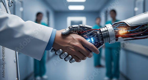 Futuristic medical collaboration doctor and robot handshake in hospital hallway