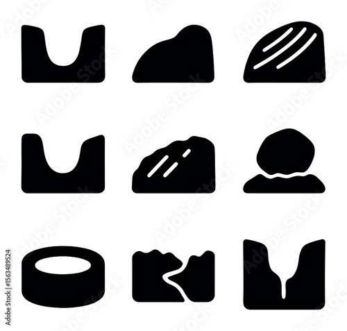 Glacial Formation Icons. Solid, filled icons set of glacier-shaped rock formations: U-shaped valley, roche
