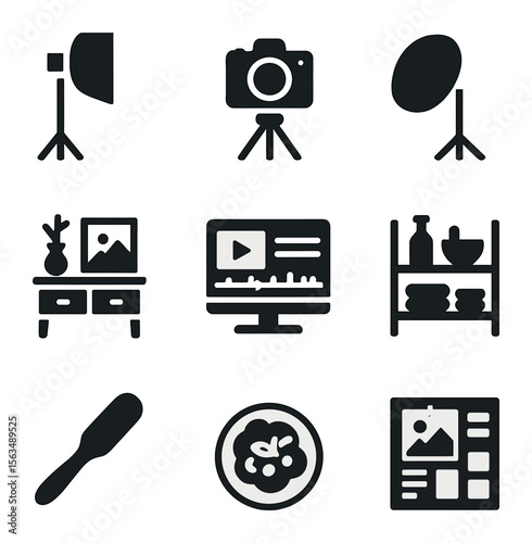 Professional Studio Icons. Solid, filled icons set of professional studio setups: softbox light, camera on