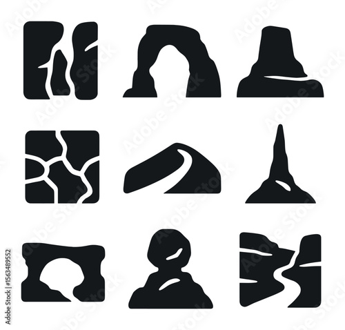 Rocky Desert Icons. Solid, filled icons set of rocky desert wonders: slot canyon, sandstone arch, desert butte