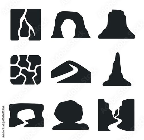 Rocky Desert Icons. Solid, filled icons set of rocky desert wonders: slot canyon, sandstone arch, desert butte