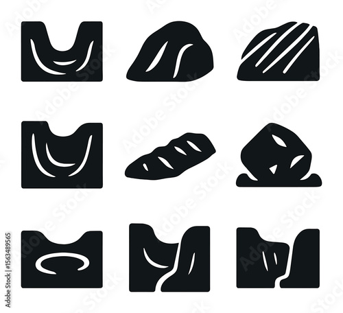 Glacial Formation Icons. Solid, filled icons set of glacier-shaped rock formations: U-shaped valley, roche