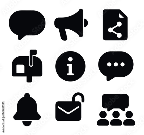Transparent Communication Icons. Solid, filled icons set of transparent communication: chat bubble,