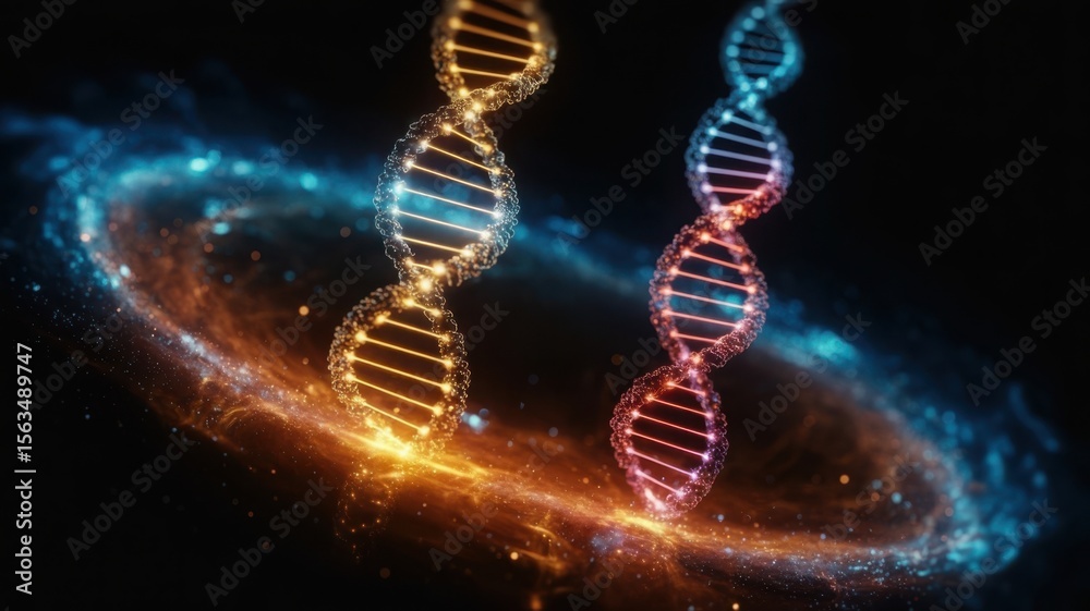 Obraz premium Glowing DNA Strands Amidst a Cosmic Galaxy of Stars and Light