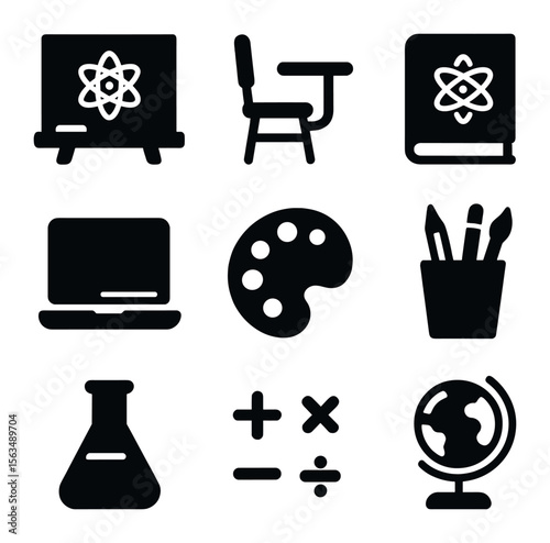 STEM Classroom Icons. Solid, filled icons set of STEM classroom supplies: chalkboard, student desk, science