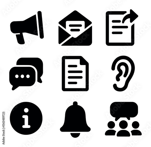 Transparent Communication Icons. Solid, filled icons set of transparent communication: megaphone icon, open