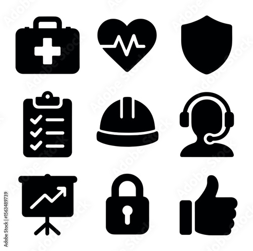 Workplace Safety Icons. Solid, filled icons set of workplace health and safety: first aid kit, heart rate,