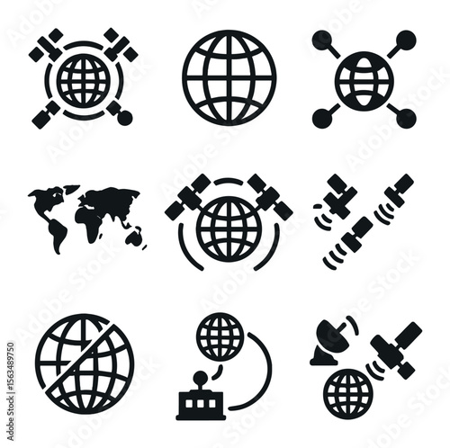 Global Satellite Icons. Solid, filled icons set of global satellite networks: satellite constellation, orbit