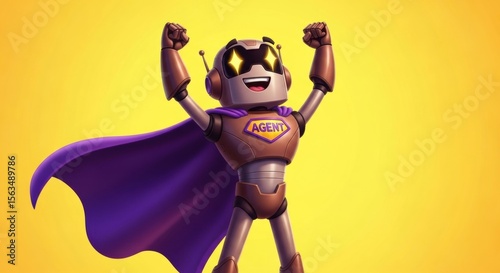 Cartoonish Robot Superhero Character With Chest Emblem in Vibrant Dynamic Display on Yellow Background