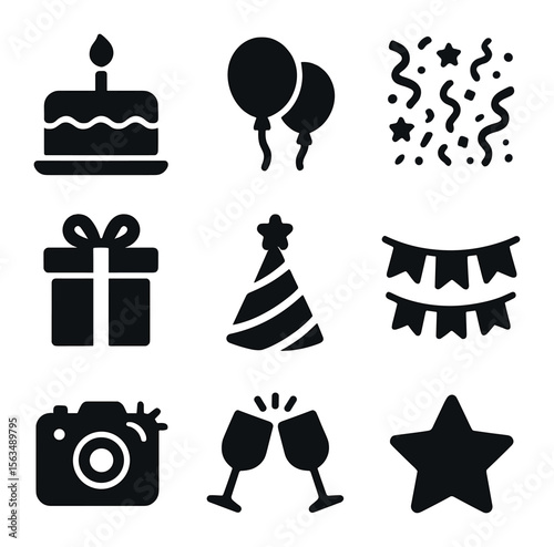 Family Celebration Icons. Solid, filled icons set of family celebrations: birthday cake, balloons, confetti,