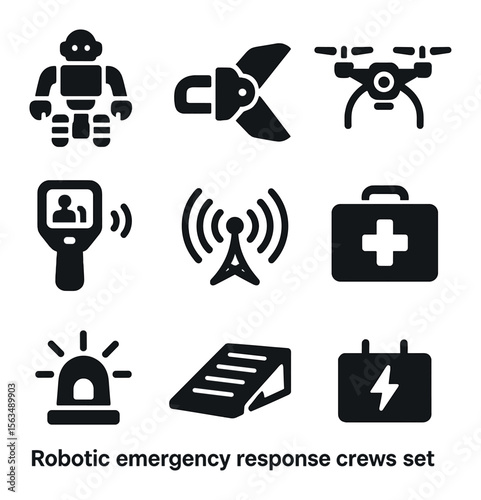 Robotic Emergency Icons. Solid, filled icons set of robotic emergency response crews: rescue bot, cutting tool