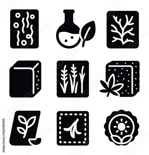 Innovative Green Materials Icons. Solid, filled icons set of innovative green materials: algae panel,
