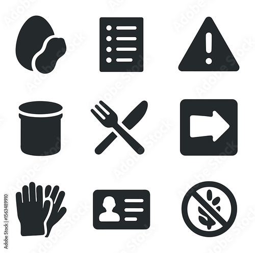 Allergen Management Icons. Solid, filled icons set of allergen management: allergen icon, ingredient list,