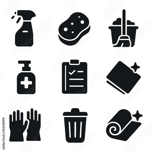 Kitchen Sanitation Icons. Solid, filled icons set of kitchen sanitation tools: cleaning spray, scrub sponge,